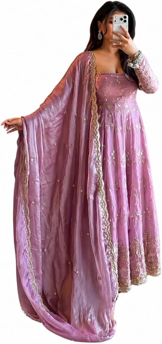 Women’s Heavy Fandy Silk Designer Gown Set with Dupatta & Pant | Embroidery Thread & Sequins Work