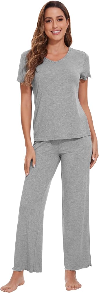 WiWi Soft Pajama Set for Women Short Sleeve Viscose from Bamboo Sleepwear Lightweight Loose Pajamas Pjs Sets S-XXL