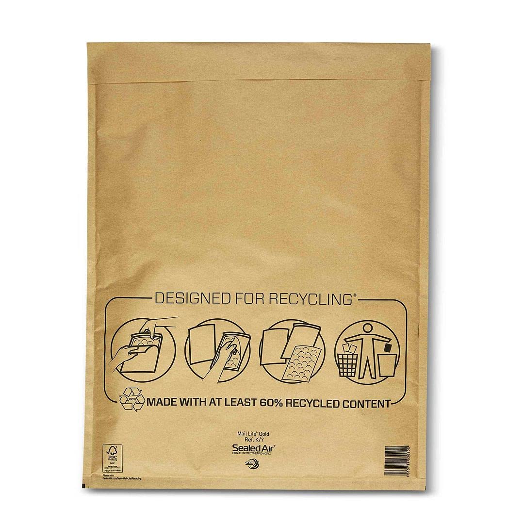 Mail Lite Padded Envelopes - Bubble Envelopes | White/Gold (K/7 (350 x 470mm) - Box of 50, Gold)