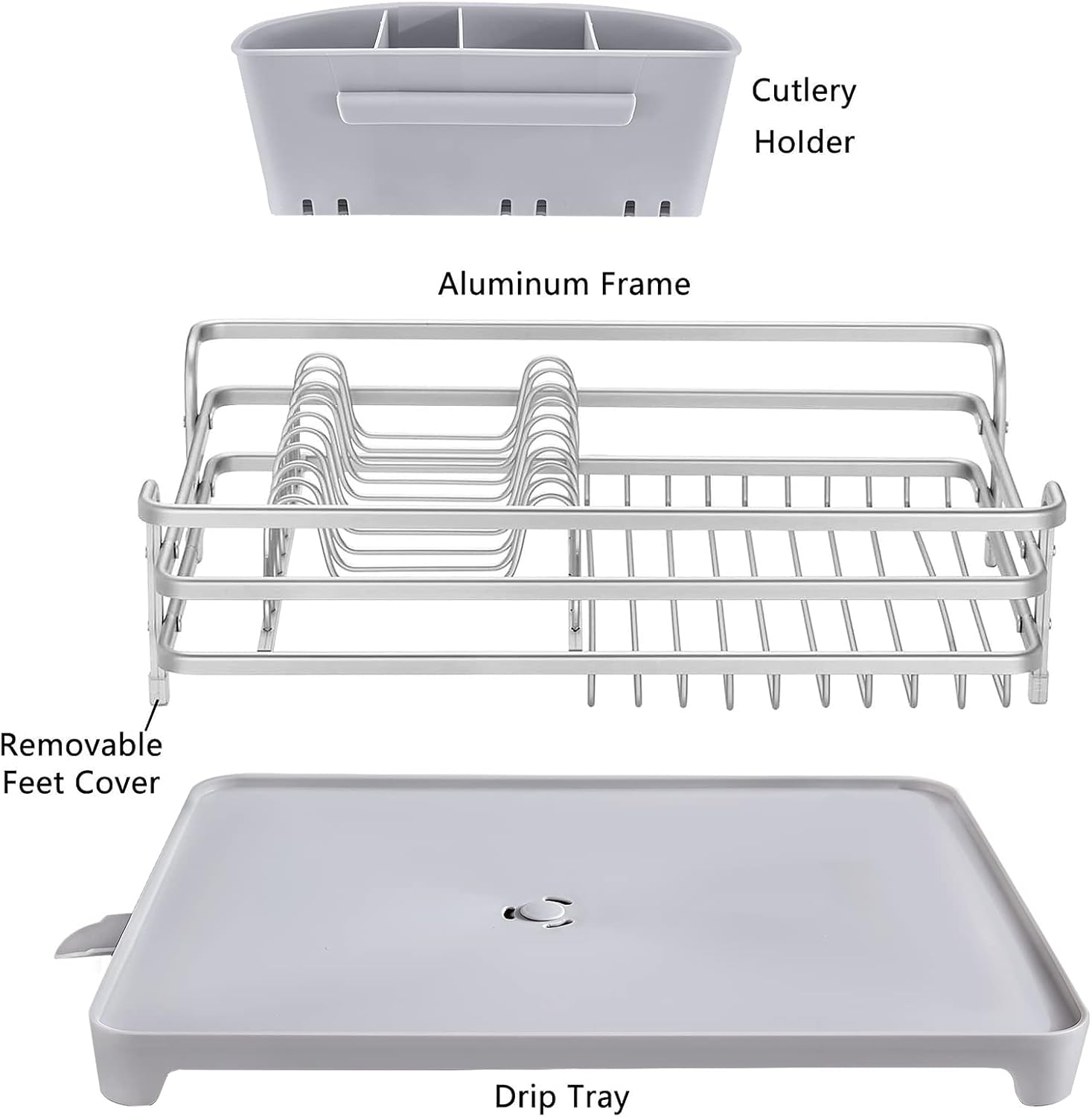 HBlife Aluminum Dish Drying Rack, Never Rust Sink Dish Drying Rack with Utensil Holder, Removable Plastic Drainer Tray with Adjustable Swivel Spout(Silver Gray)