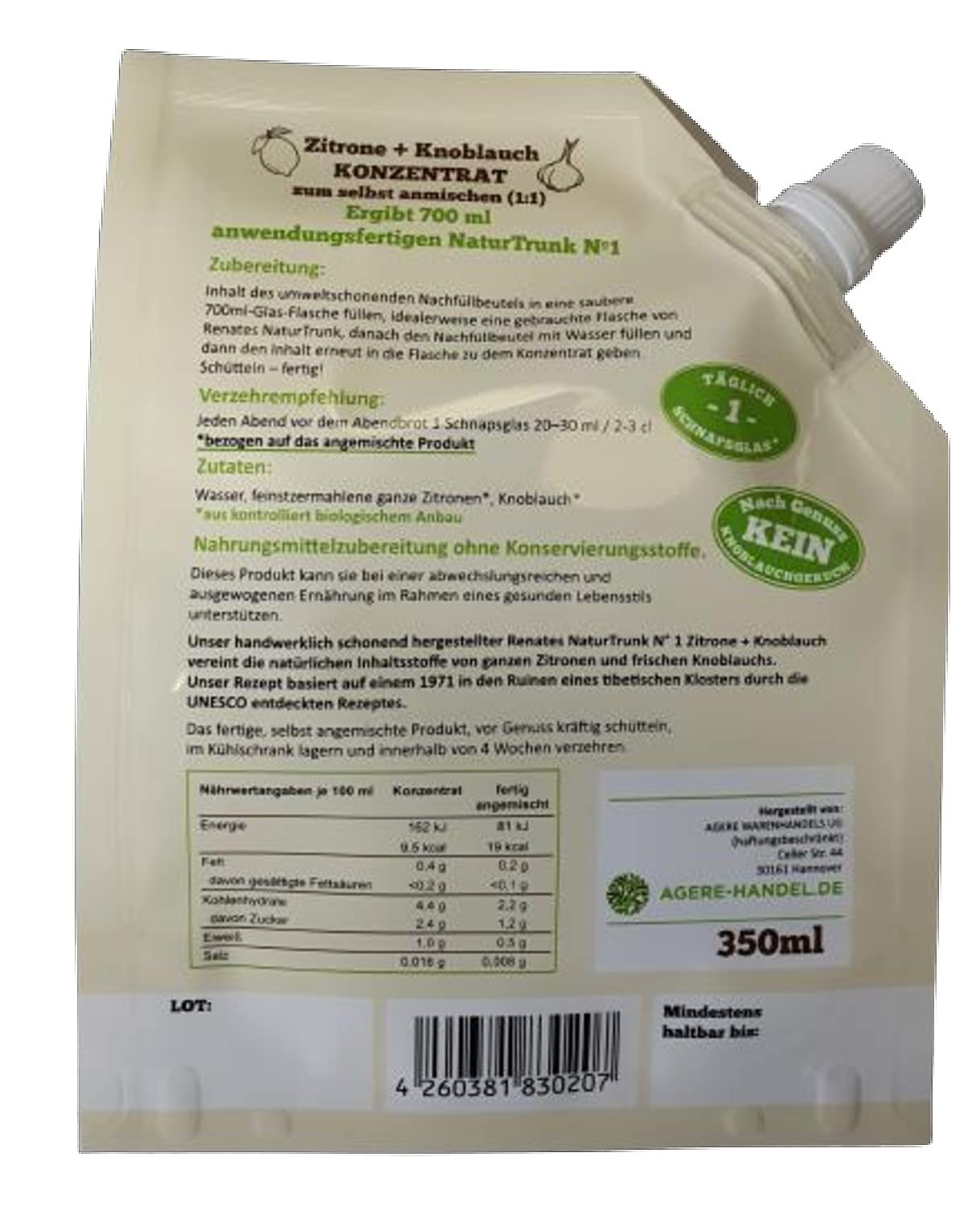 Bio-Konzentrat für Renates NaturTrunk N° 1 Zitrone + Knoblauch 350ml ergeben 700 ml DE-ÖKO-006