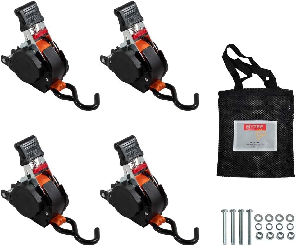 Mytee Products 4 Pack 1''x10' Bolt on Orange Retractable Ratchet Straps for Cargo - Coated S Hook Auto Retract Ratchet Straps - Self Ratcheting Strap for Boat Tie Down to Trailer & Jet Ski, ATVs