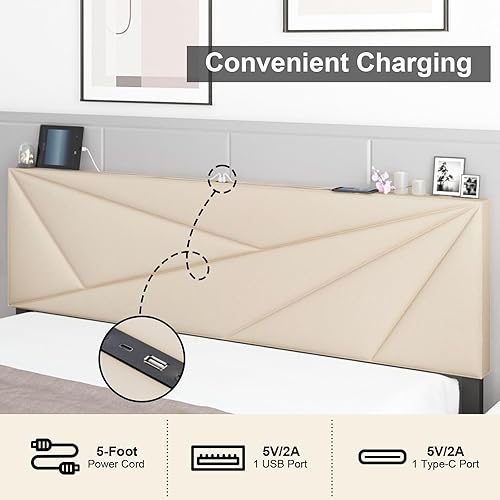 Miniatura 5 de Base de cama de tamaño matrimonial con 4 cajones y cabecera ajustable, plataforma tapizada con estación de carga tipo C y puerto USB, construcción