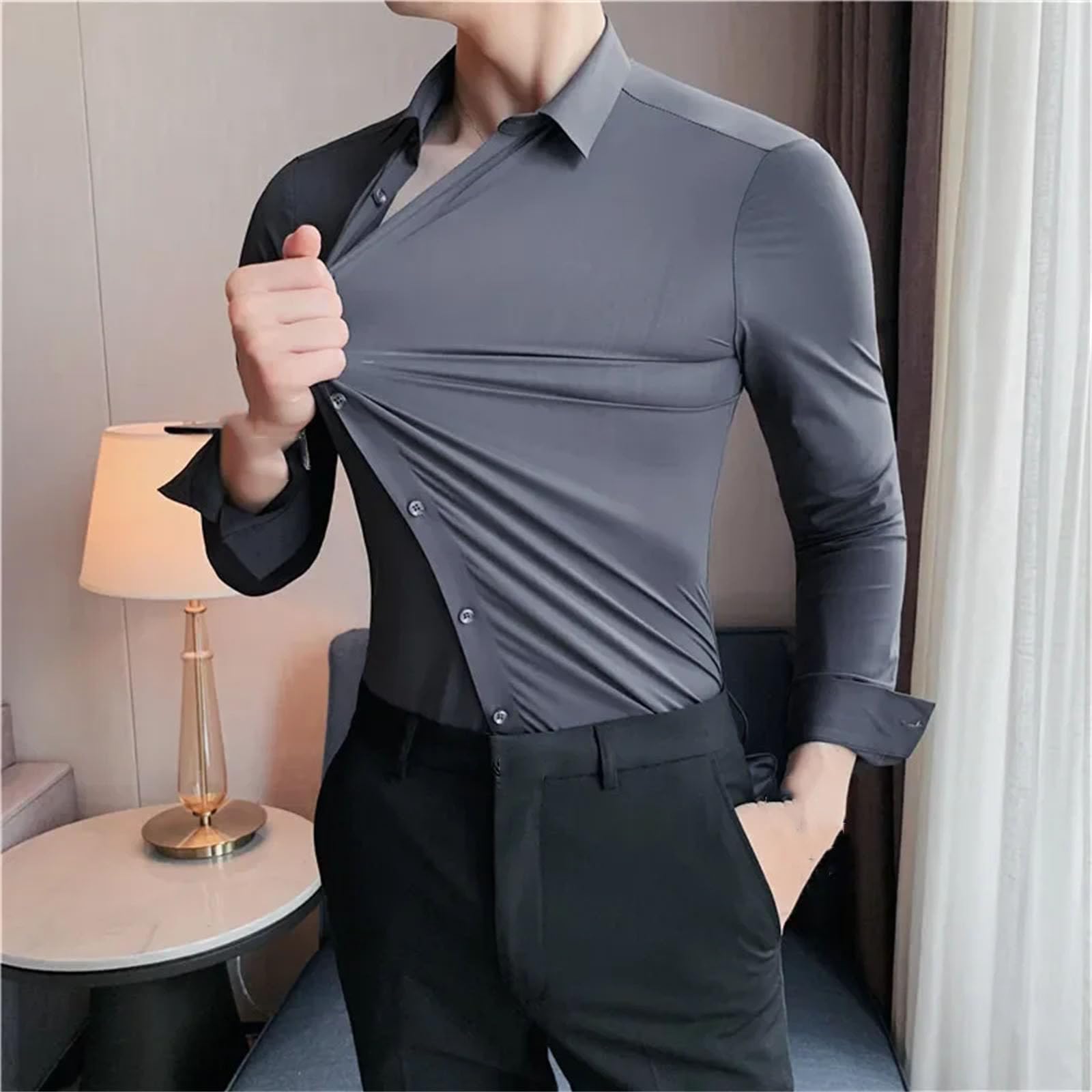 Camisa elástica de manga larga para hombre, no necesita planchado, ropa de trabajo, profesional, cuello alto, color liso