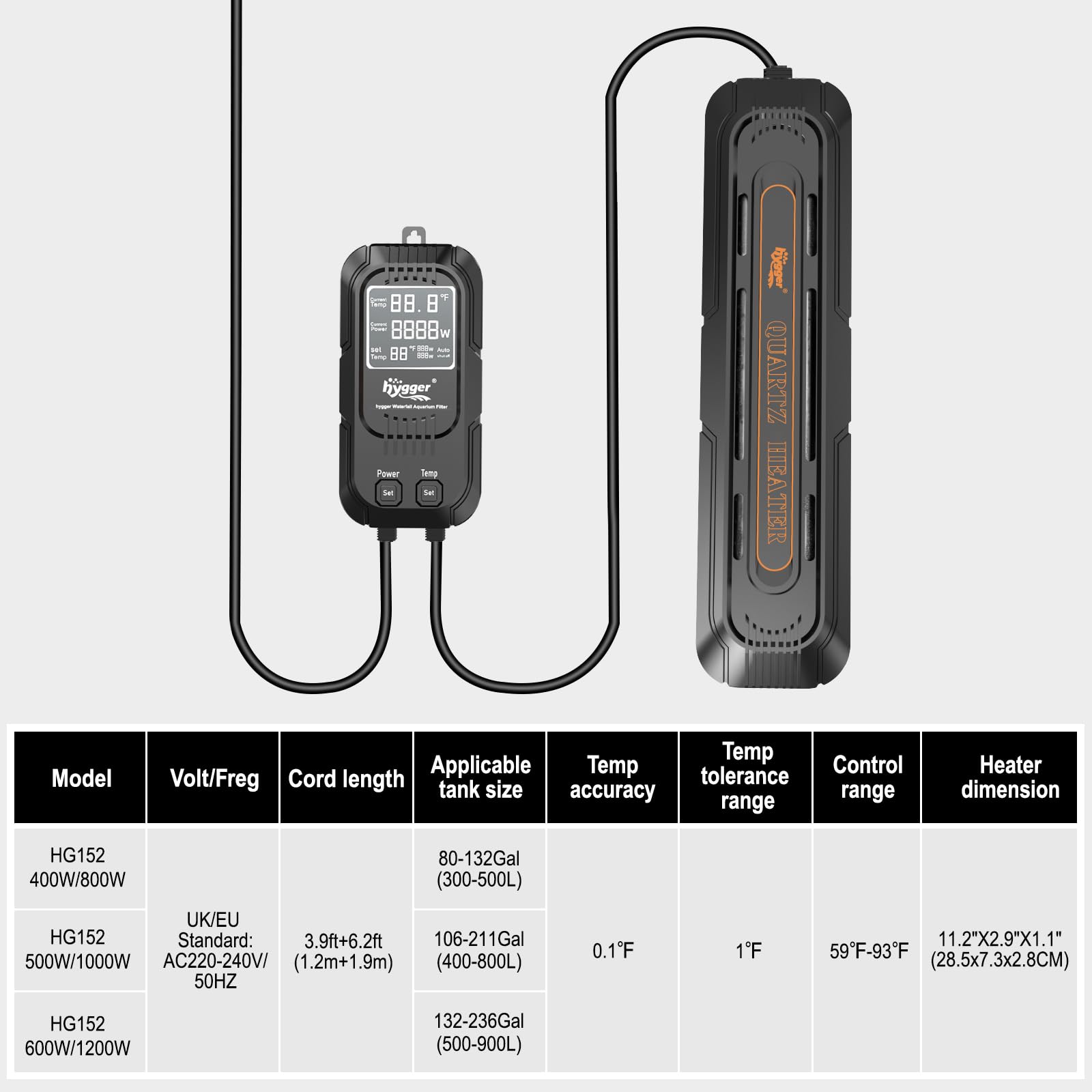 hygger Pręt grzewczy do akwarium, regulowany 600 W/1200 W, dwustopniowa regulacja mocy, grzejnik do akwarium, do akwariów słodkich lub morskich o pojemności 500 – 900 litrów