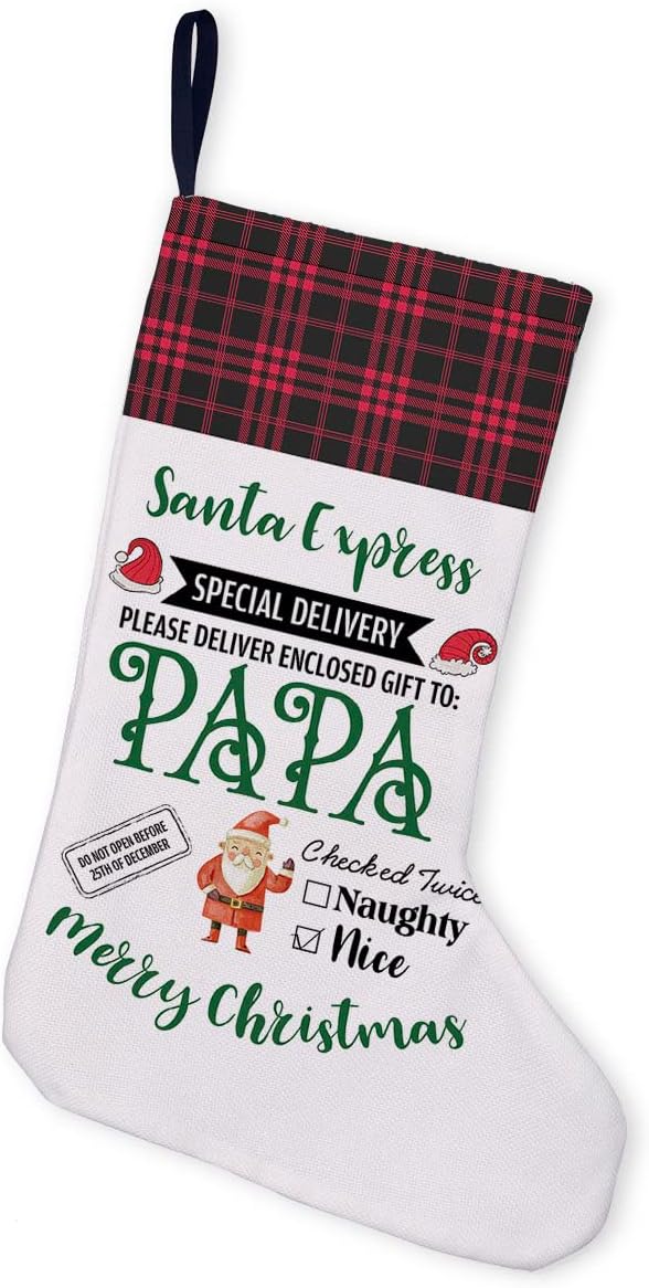 gaicaak Papa Burlap Christmas Stocking, Santa Express Special Delivery to Papa Christmas Stocking Hanging for Fireplace Holiday Xmas Party Decorations