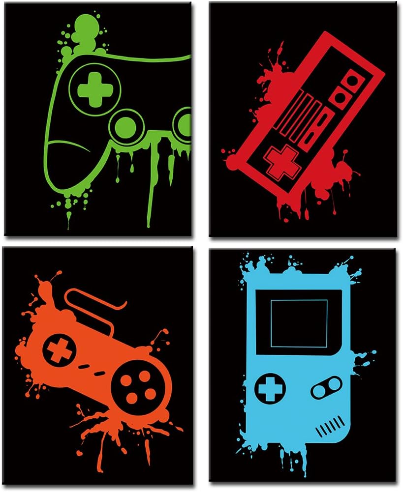 Video Game Art Print, Watercolor Gaming Themed Poster Set of 4 (8"x10",Unframed)-Perfect for Kids Boy Bedroom Decoration