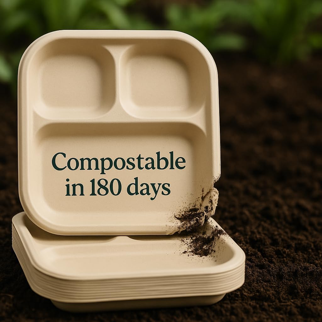 100% Compostable, 3 Compartment, Disposable Paper Plates [25-Pack] - [PFAS Free] - [BPA Certified] - [8.5 Inch] Heavy Duty Biodegradable Bagasse Sectional Lunch Trays + Dividers - Premium Quality - Image 6