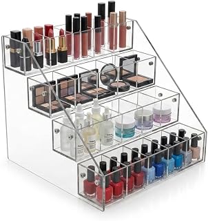4 Tier Acrylic Cube Display Stand | 20 Compartment Countertop Organiser | Clear Stepped Retail Display | Cosmetics Jewellery Accessories (Large)