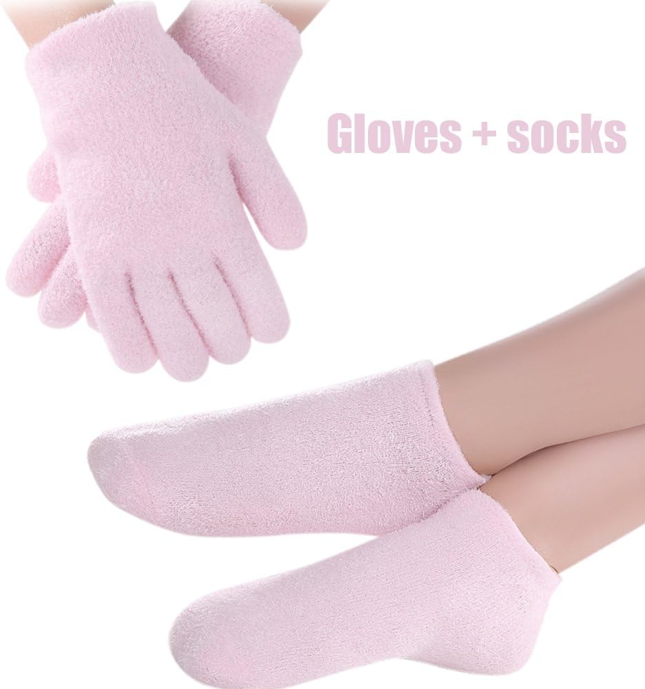GADENT Gel Moisturizing Spa Gloves and Socks, Soft Cotton with Thermoplastic Gel Repair Cracked Dry Skin, Gel Lining Infused with Essential Oils and Vitamins Pink
