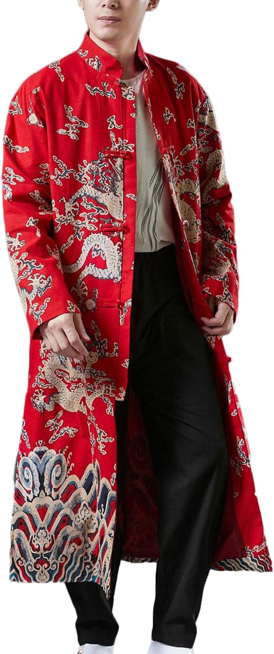 Ystylee Men's Trench Coat Long Kimono Jacket Chinese Dragon Printed Open Front Frog Buttons Loose Overcoat