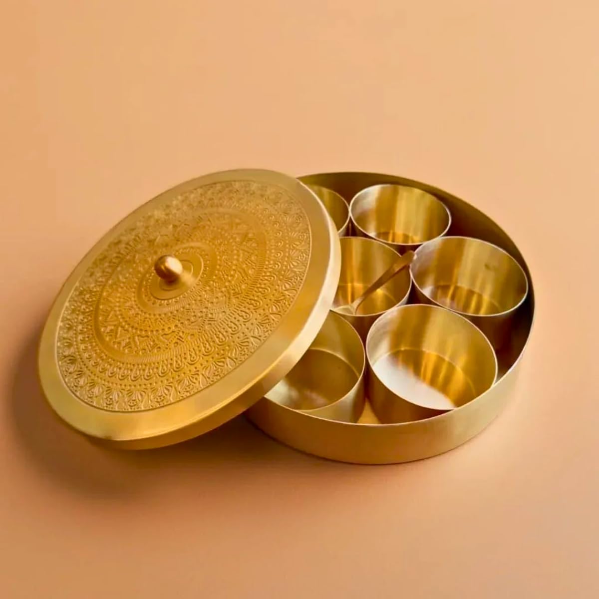 AD ARTS Handcrafted Vintage Brass indian spice masala Containers With 7 Spice Box Set with Spoon, Brass Lid Kitchen Masala box