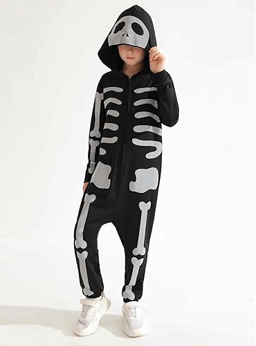 Miniatura 4 de ESHOO Disfraz de esqueleto negro de Halloween para niños y niñas, enterizo con capucha, trajes de cosplay de Halloween, 3t 4t, 5t, 6t, 7t, 8-12t