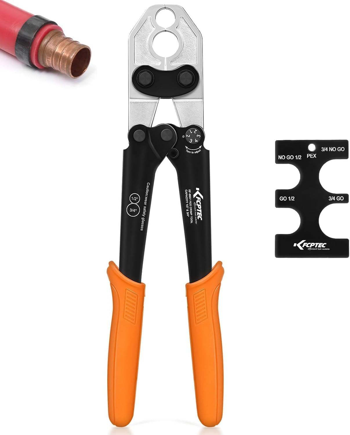 KF CPTEC PEX Crimp Tool Kit for PEX-B Plumbing, PEX Copper Crimping Tool for 1/2 inch and 3/4 inch PEX Pipe, Forged Steel PEX Crimper with Tubing Cutter and Go/No-Go Gauge, ASTM F1807 Compliant