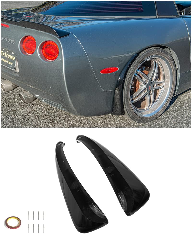 Replacement for 1997-2004 Chevrolet Corvette C5 All Models | GM Factory XL Extended Style Rear Side Splash Guards Mud Flap Pair (ABS Plastic - Painted Glossy Black)