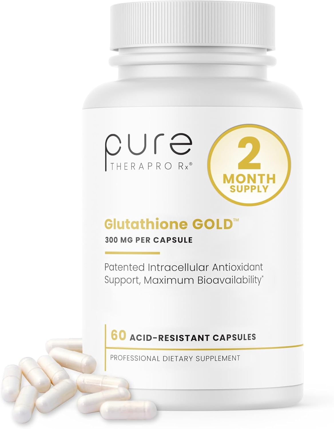 Pure Therapro Rx S-Acetyl Glutathione Gold 300mg PER Capsule - 60 Capsules | Extra-Strength | Patented Acetylated Form of Glutathione (EMOTHION) from Italy | Pharmaceutical Grade | Zero Fillers