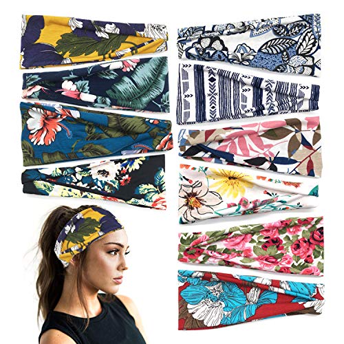 ZOCONE 10 Packs Boho Headbands for Women Girls, Turban Headwraps for Sports Yoga Running Workout, Elastic Fashion Hair Band (A)