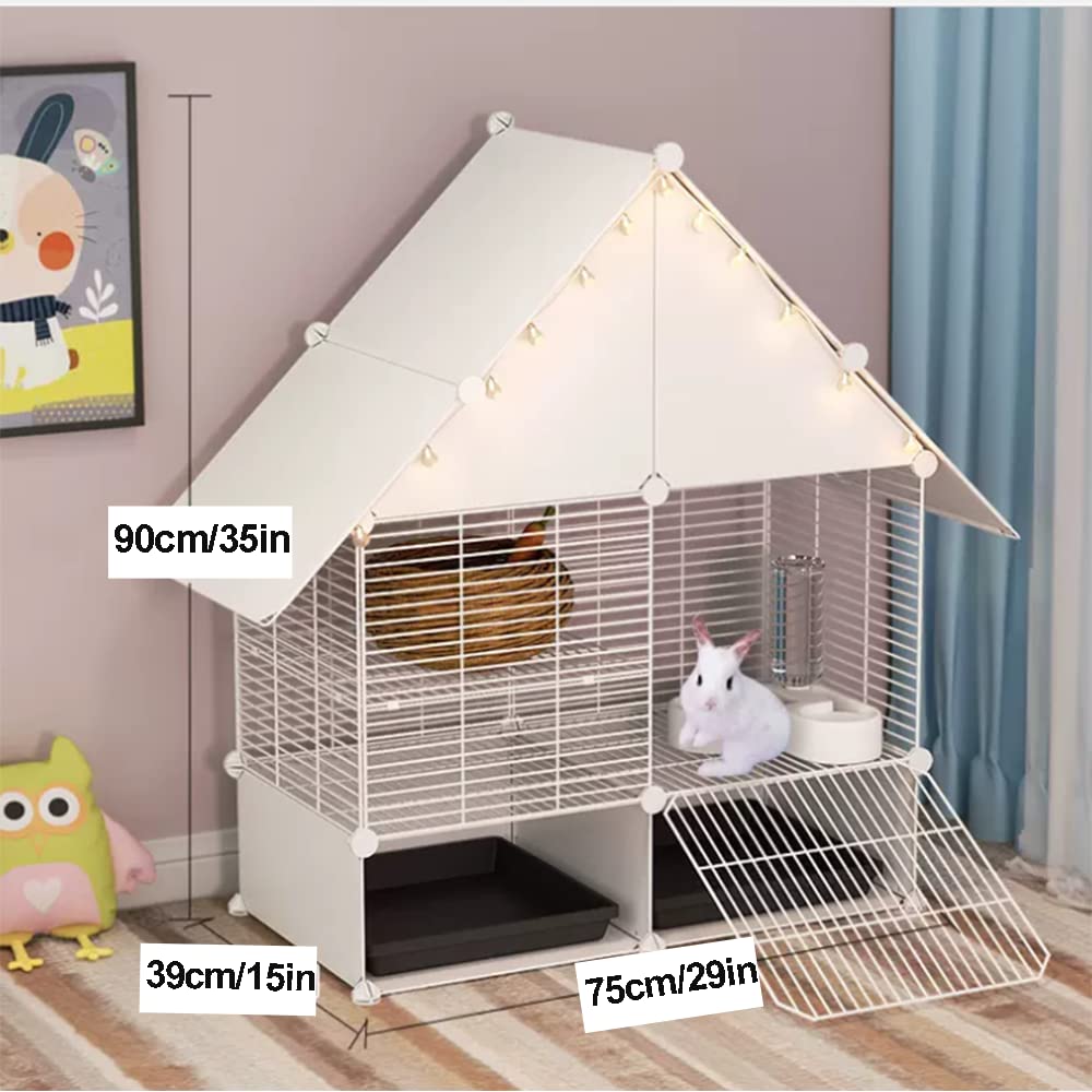 2 livelli di gabbia per conigli con 2 vassoi scorrevoli profonde e protezione contro l'urina, grande gabbia per porcellino d'India con rete metallica, casa per furet,75 x 39 x 90 cm,bianco