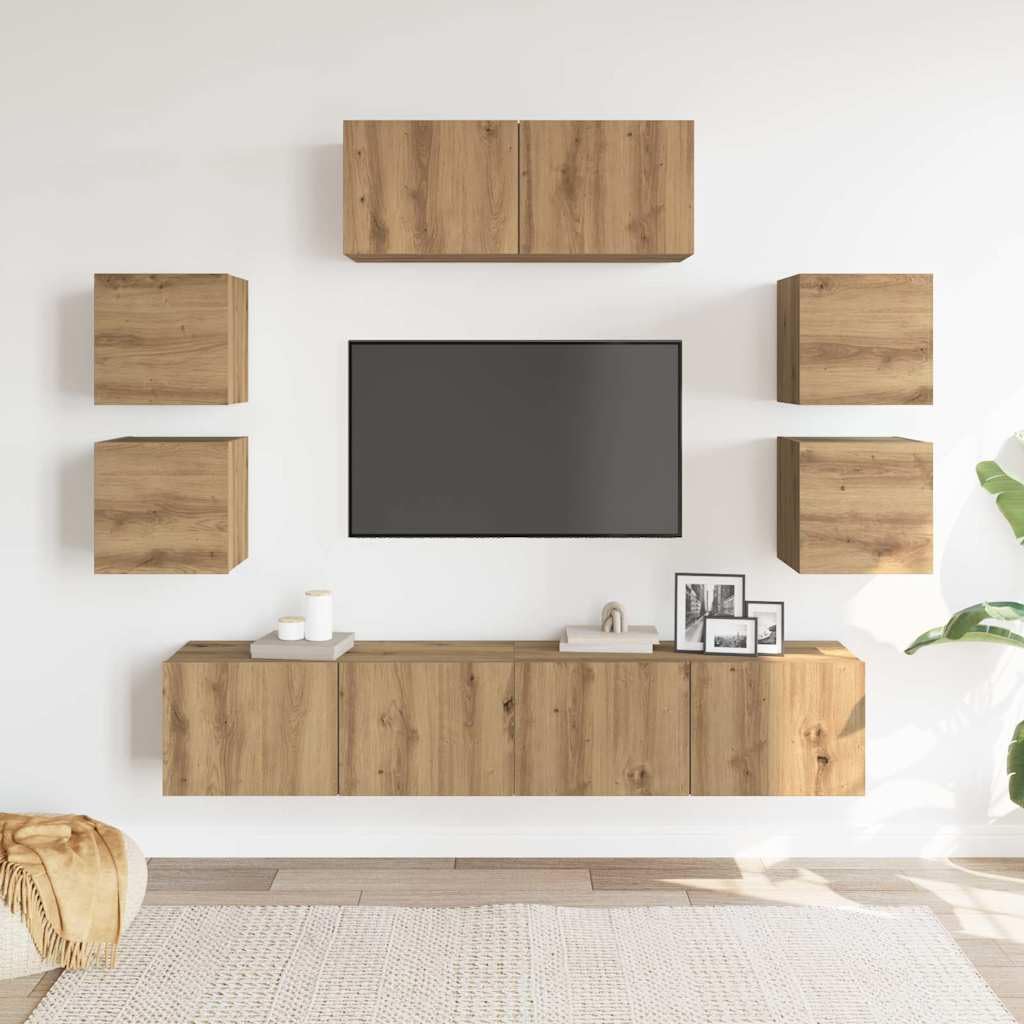 7-TLG. TV-Schrank-Set Wandmontage Artisan-Eiche Holzwerkstoff, 80x30x30cm, modernes Media-Center für Wohnzimmer, stabil & langlebig