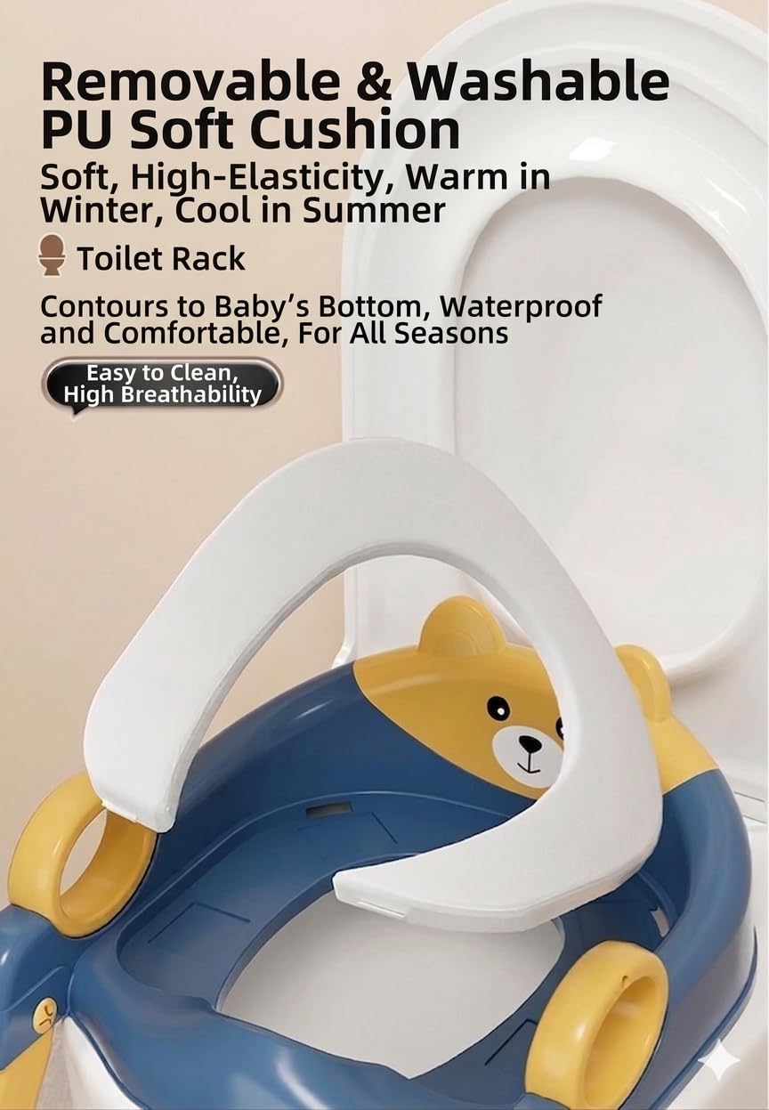Kids Potty Training Toilet Seat with Step Stool Ladder, Bear Design, Adjustable Height, Non-Slip Steps, Soft PVC Cushion Seat with Handles (BlueYellow)