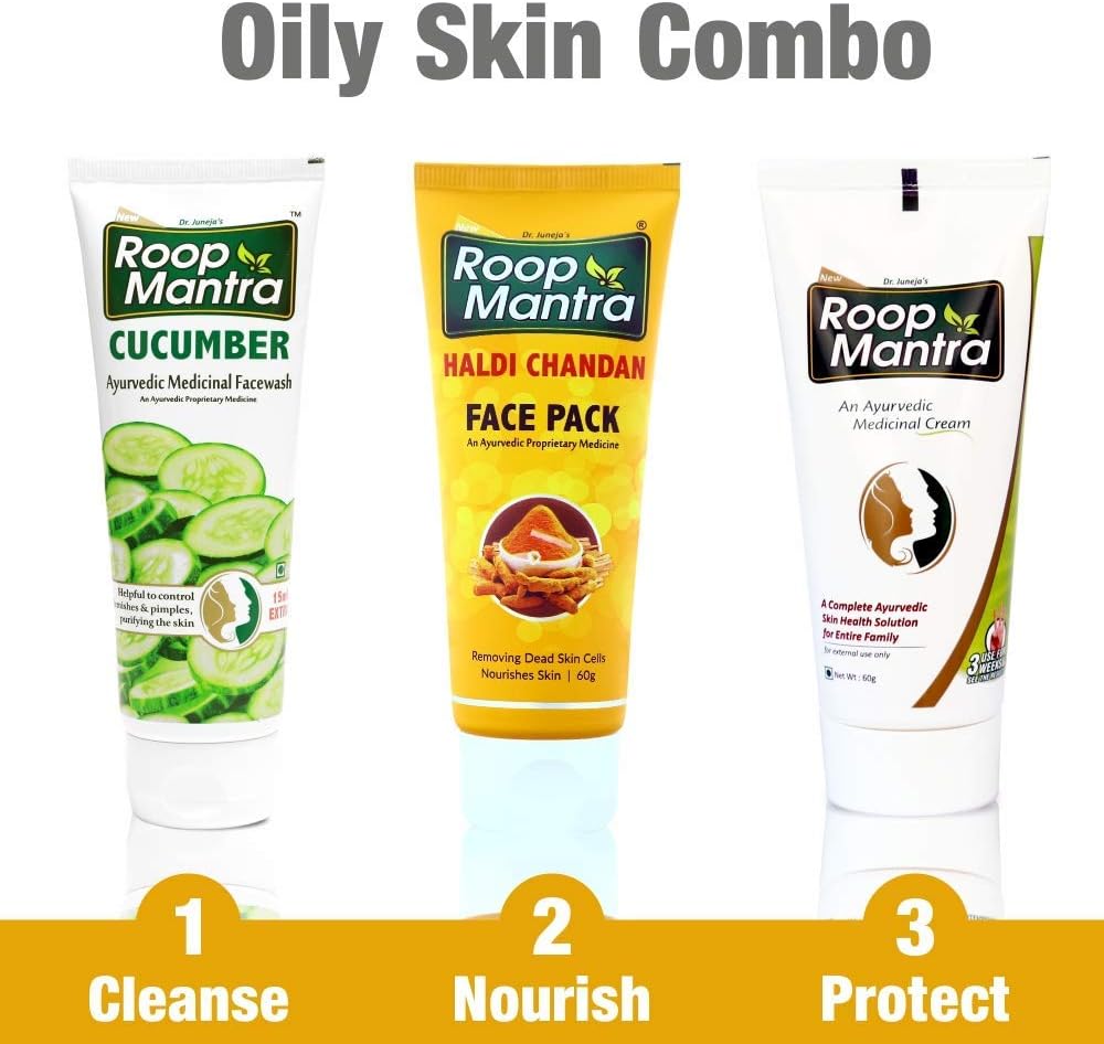 Roop Mantra Face Care Kit for Oily Skin, Acne, Pimples, Natural Glow (Cucumber Facewash 115ml + Haldi Chandan Face Pack 60gm + Face Cream 60gm)