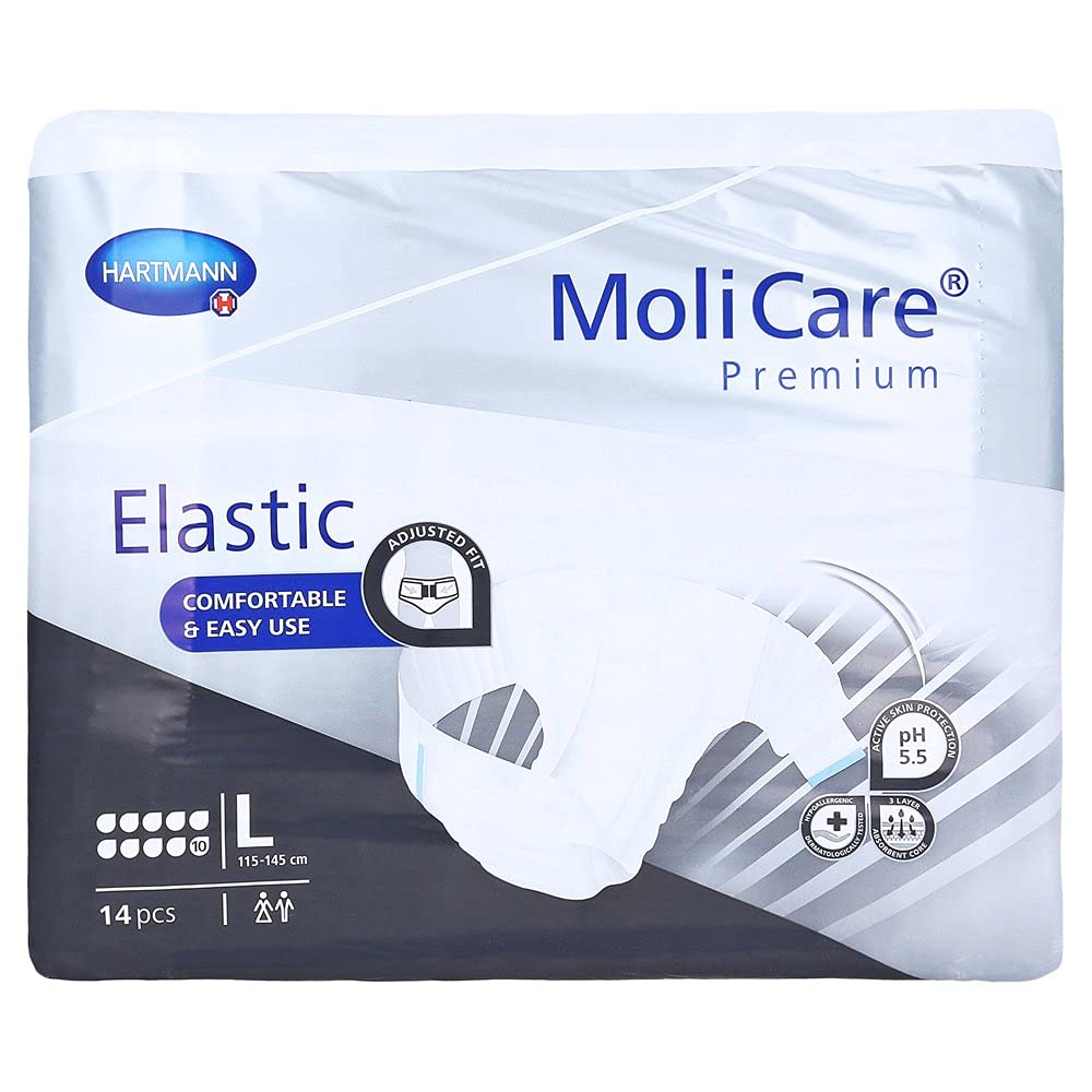 Premium Elastic Adult Nappies – 10 Drop | High Absorbent Disposable Night-Time Nappies for Men & Women with Very Severe Incontinence | Size L | Pack of 14