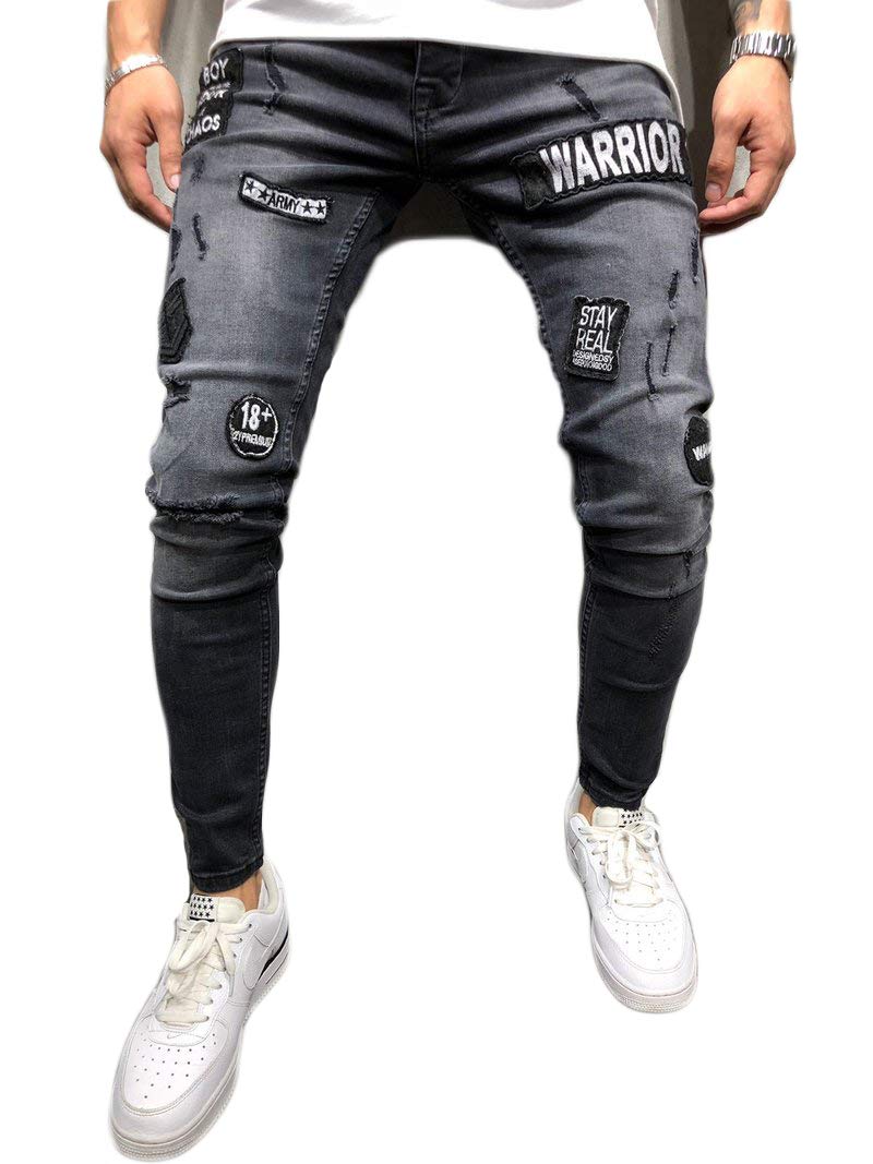 Femereina Men's Grey Casual Slim Fit Denim Trousers Ripped Skinny Distressed Destroyed Holes Pants Jeans (, S)