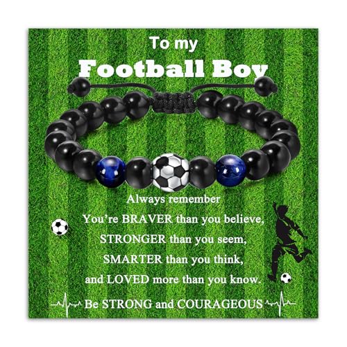 Pulseras de fútbol con piedra de ojo de tigre auténtica para niños