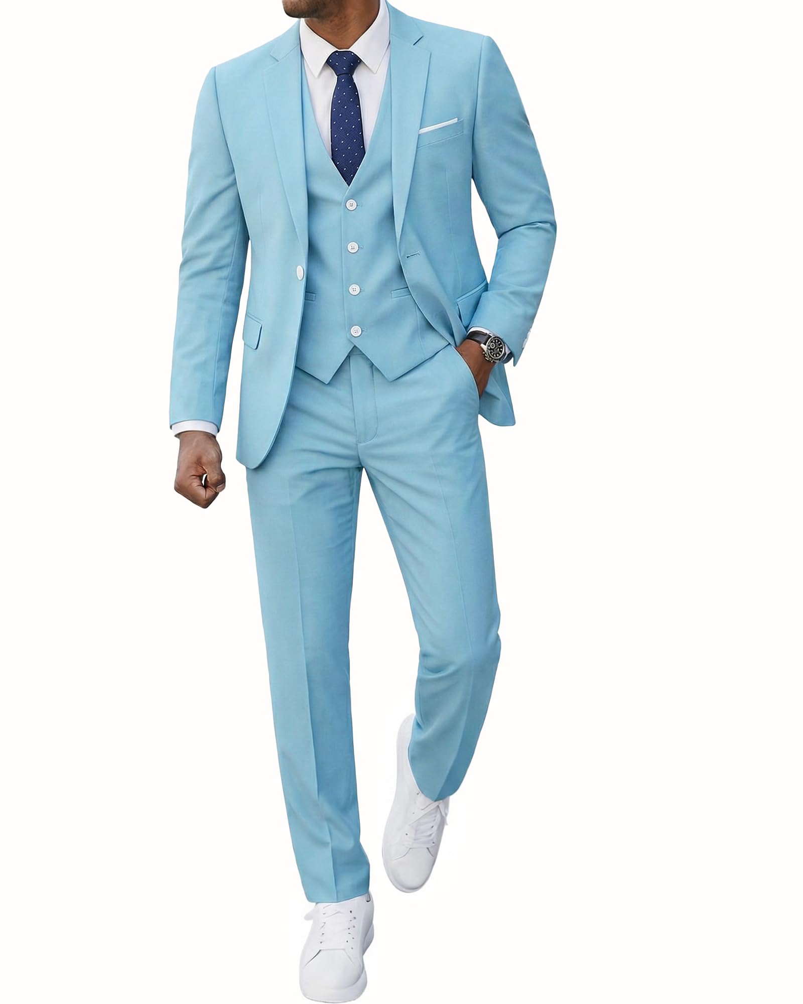 YND Men's Slim Fit 3 Piece Suit, One Button Solid Jacket Vest Pants Set with Tie