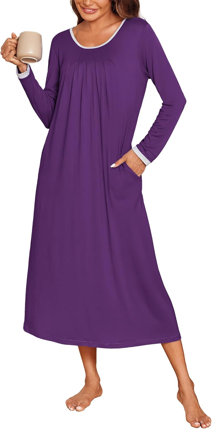 Ekouaer Long Nightgowns for Women Long Sleeve Sleepshirts Loungewear Casual Sleepwear Loose Sleep Dress with Pockets