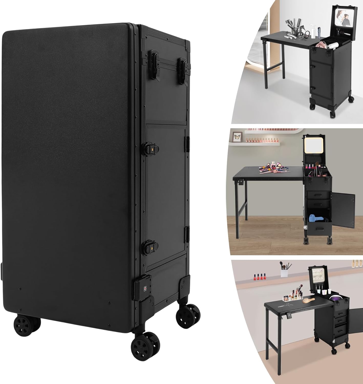 Rolling Portable Manicure Table with 3 Drawers, Lockable Makeup Case with Foldable Nail Desk, Wheels & LED Mirror Portable Nail Art Station for Makeup Artists, 110lbs Load Capacity