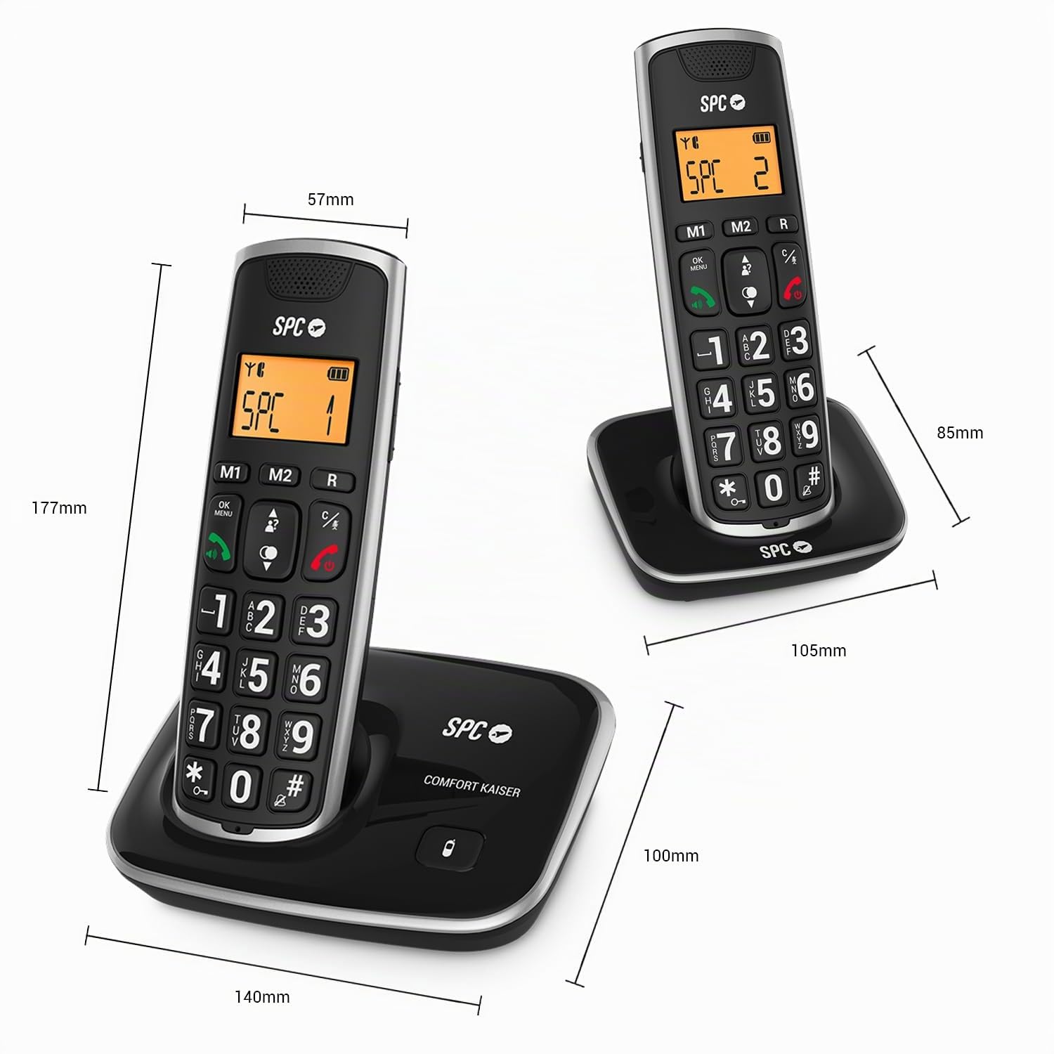 SPC Comfort Kaiser Duo – Telefono cordless Duo per anziani con tasti e numeri XL, Suono Extra-amplificato, 2 Memorie Dirette, Agenda e Vivavoce | 2 cordless, tasti e numeri molto grandi, audio extra amplificato, 2 memorie rapide, compatibile con apparecch