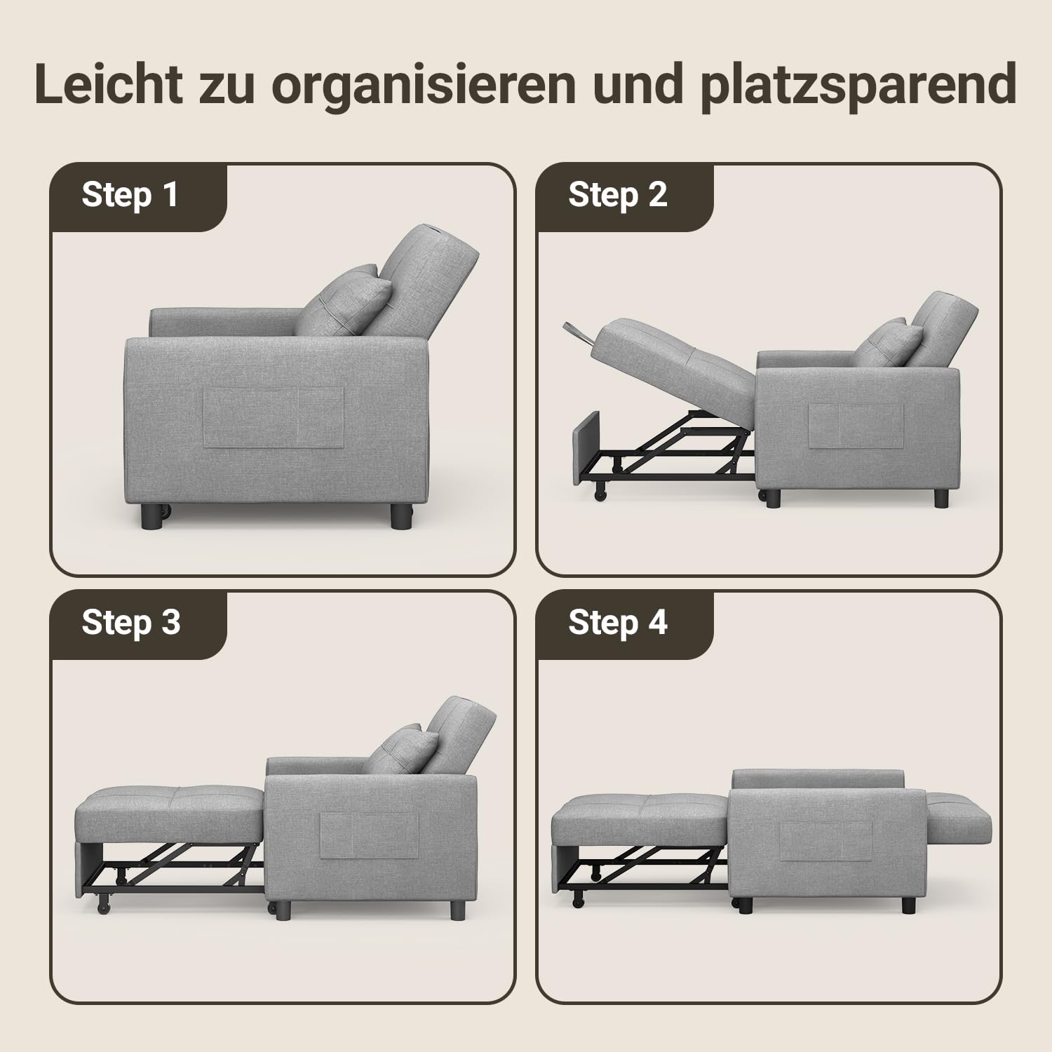 Xbro Fotel Do Spania 3 w 1 RozkﾅＢdana Sofa z Poduszkami i Kieszeniami Boczny mi, Wielofunkcyjny Fotel na MaﾅＦ Przestrzenie, Jasnoszary