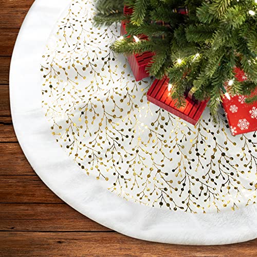 Lanpn Jupe de Sapin de Noel 90 cm, Grande Branches d'or Luxe Tapis de Sapin de Noël Cache Pied Sapin de Noel Couvre-Pied de Sapin pour Fête Vacances Décorations d'arbre de Noël Decoration de Maison Cover