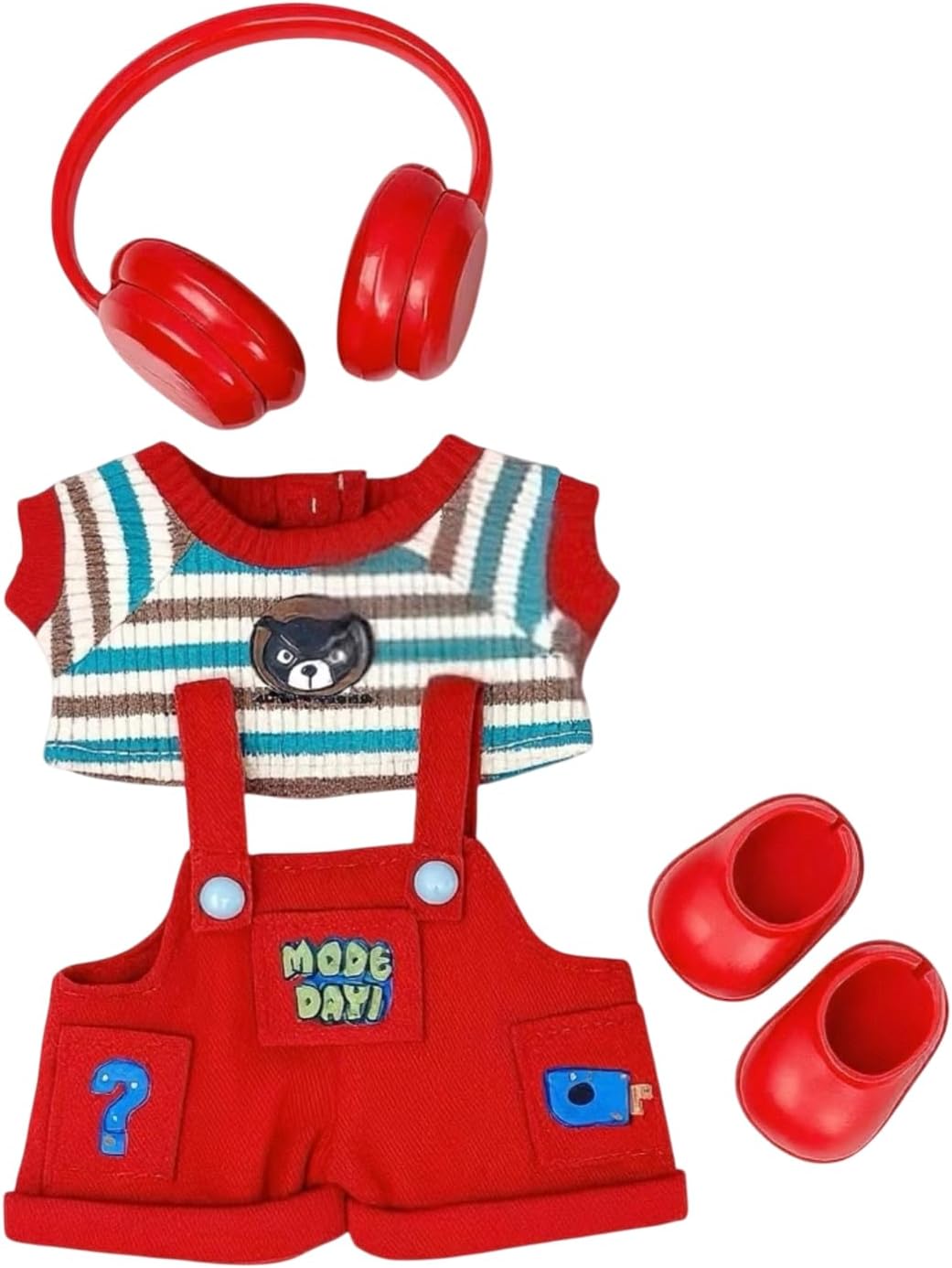 Overalls Dolls Clothes Compatible with Labubu 15-17cm, Cool Style Outfits - Headphones, Striped Tee, Pents & Shoes | Easy Dressing Accessories | Mini Figures Casual Clothing - Red