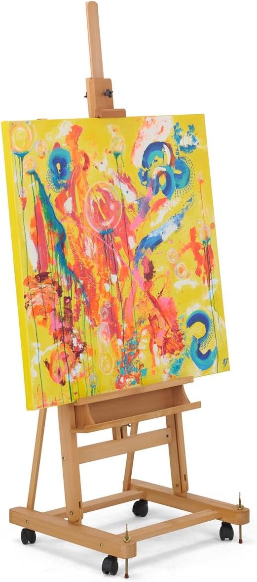 Wooden Studio Easel with Wheels, H Frame, Adjustable Holders for Canvases up to 60"h, Accessories Tray (Beech Wood)