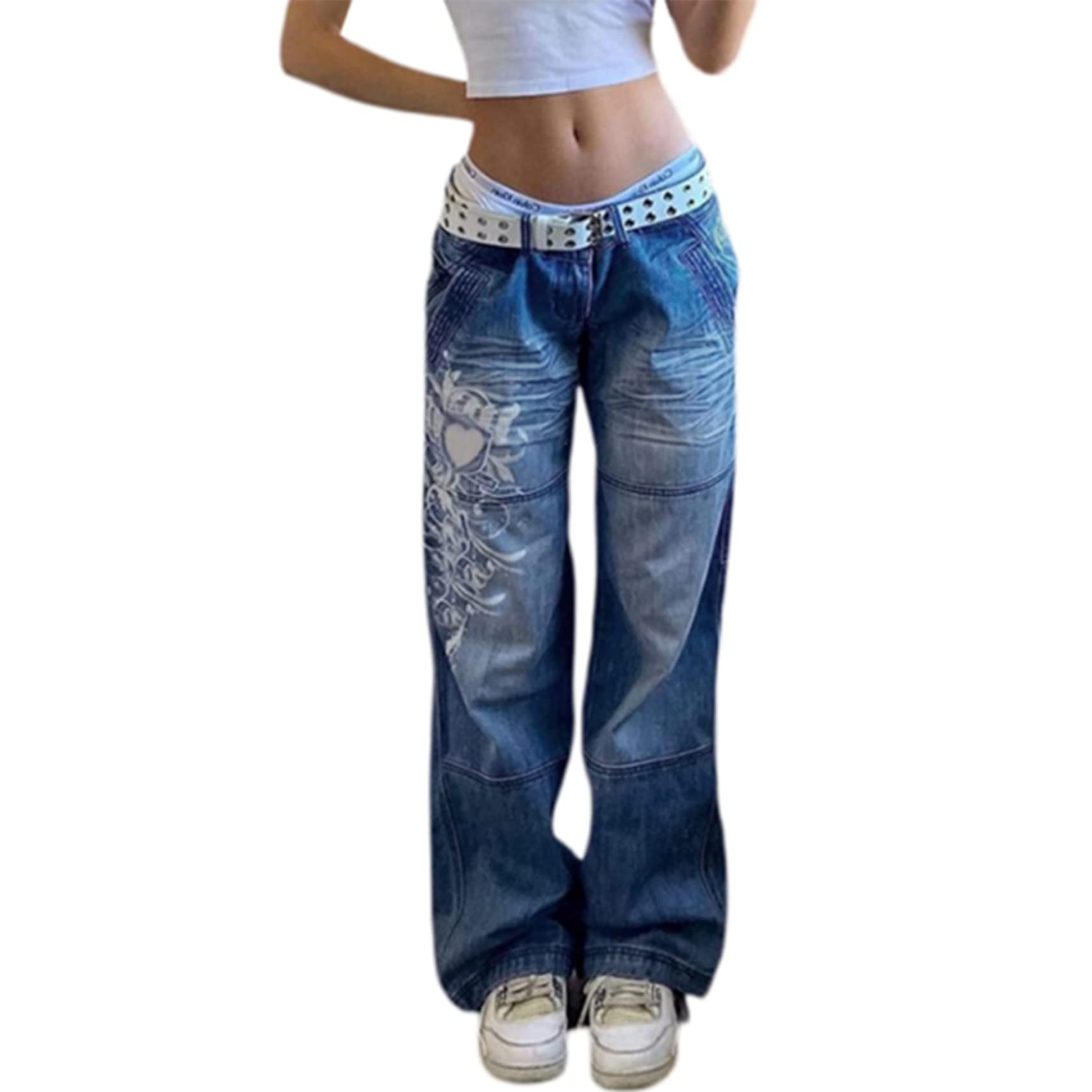 NLAVW Damen-Jeans mit niedriger Taille und weitem Bein, Vintage-Print, Baggy-Hose, gerade Jeanshose