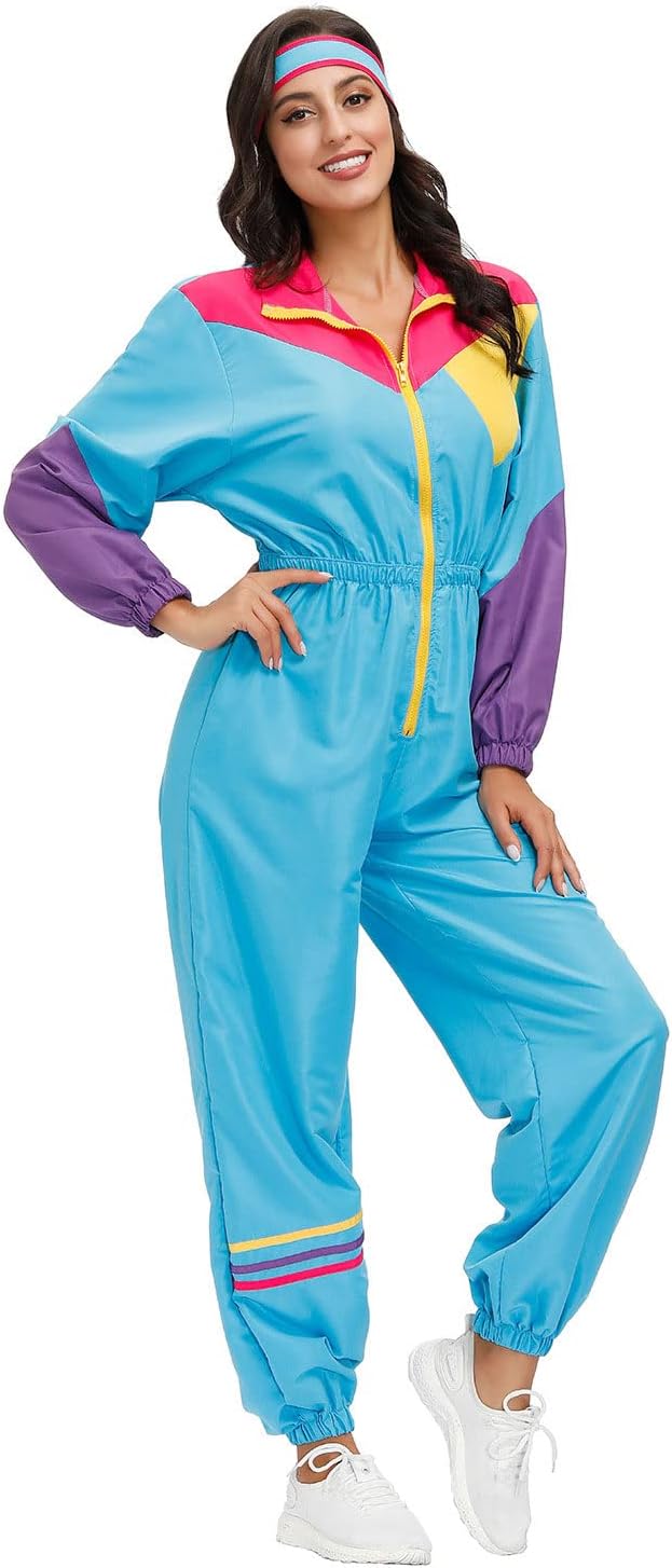 Womens 80s Tracksuit Retro Hip Hop Windbreaker Women Disco Tracksuit Sets Colorblock One Piece Outfits Set - Image 5