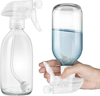 Tecohouse Glass Spray Bottles 8oz, 2 Pack 360° Glass Spray Bottle for Cleaning Upside Down Mister Squirt Bottle with Adjustable Nozzle for Hair, Plants, Pet Clear White Nozzles