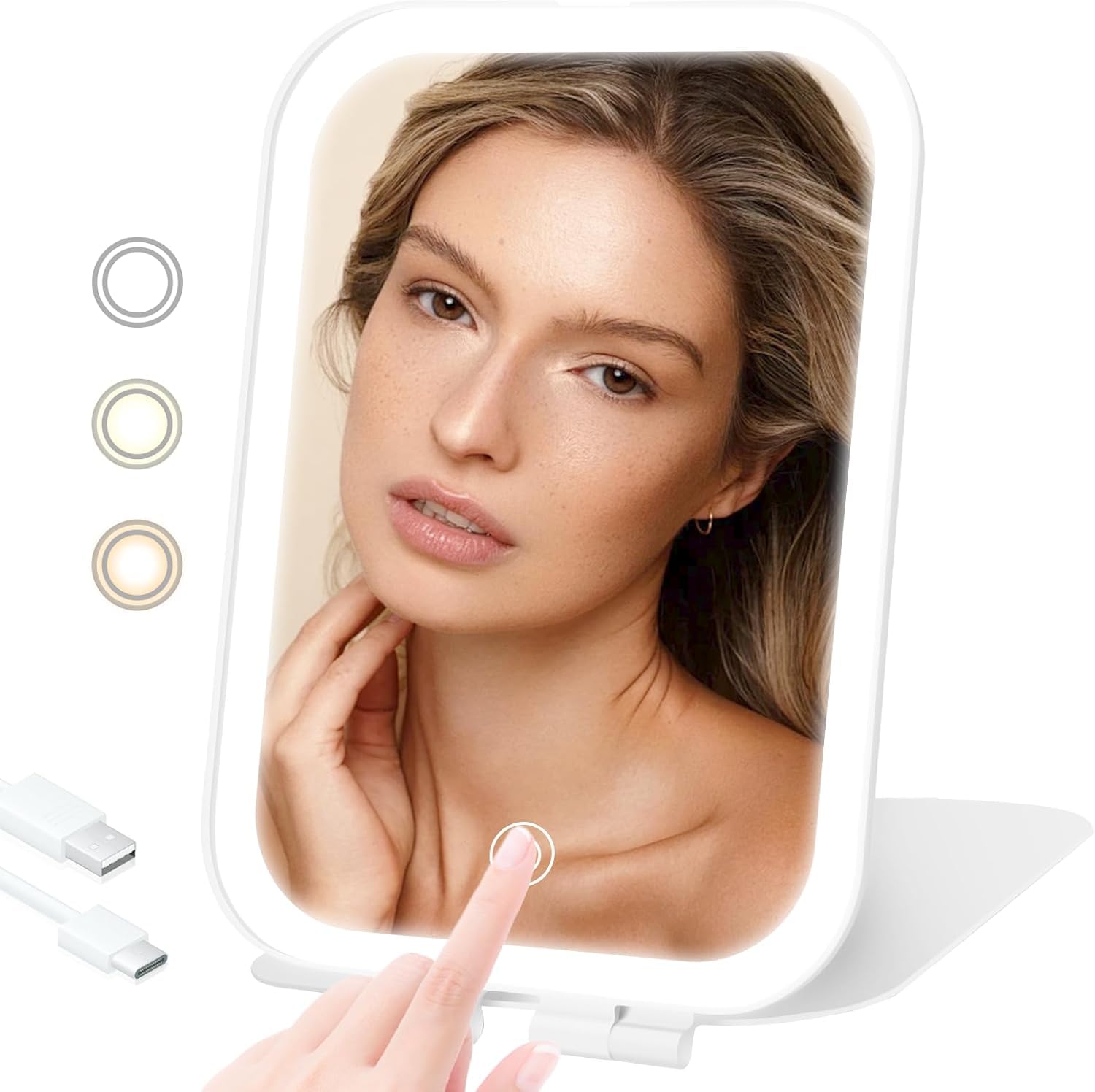Dimmable Touch Screen for Women Gift with Travel Mirror for Makeup, Rechargeable Light up Mirror with 72 LED Lights and 1000mAh Batteries, 3 Colors Light Modes USB Portable Desktop Mirror-image-35