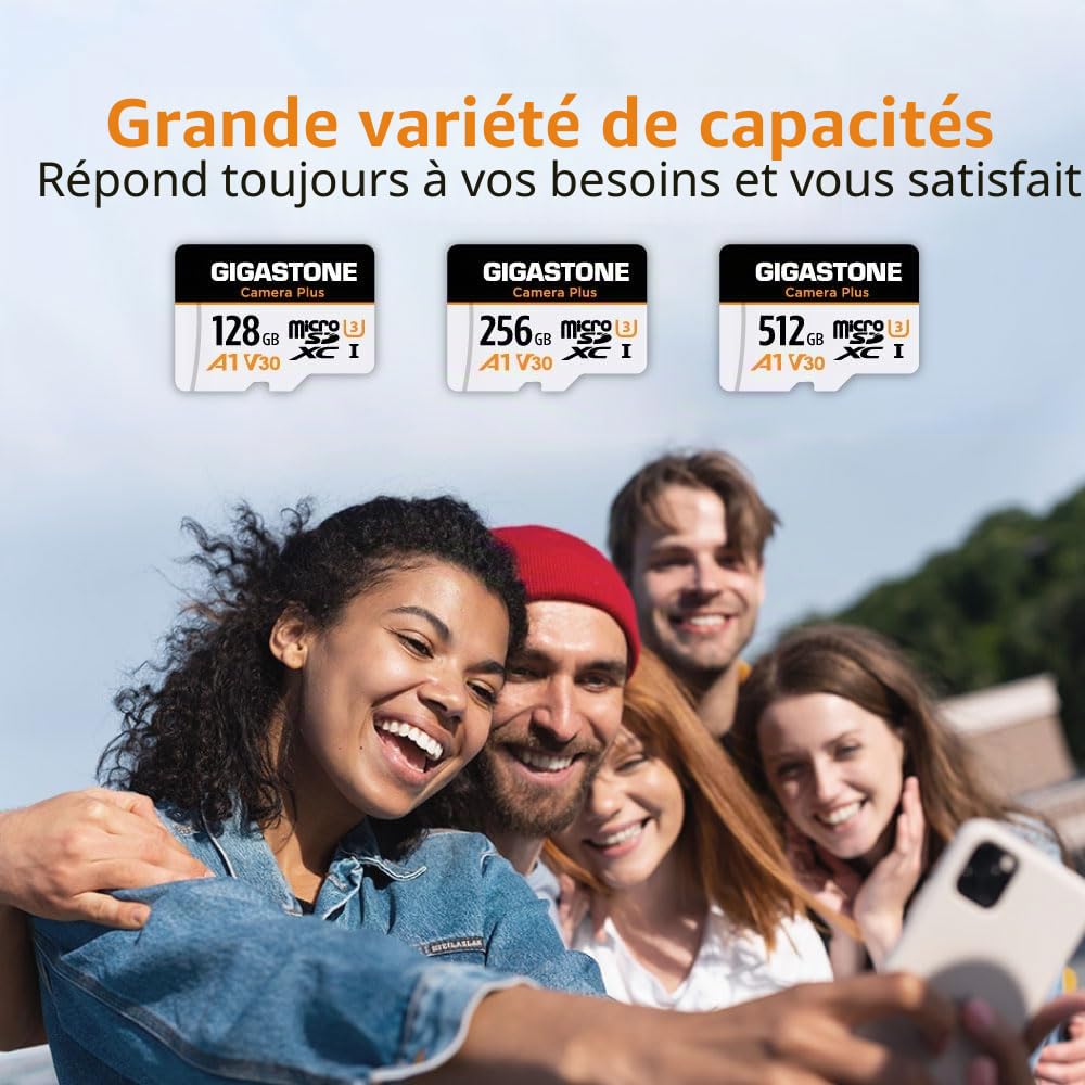 [GIGASTONE] Carte Micro SD 128Go, Camera Plus, GoPro, caméra d'action, caméra de Sport, Haute Vitesse 100 Mo/s, Enregistrement vidéo 4K, Carte mémoire MicroSDXC UHS-I A1 V30 U3 Classe 10