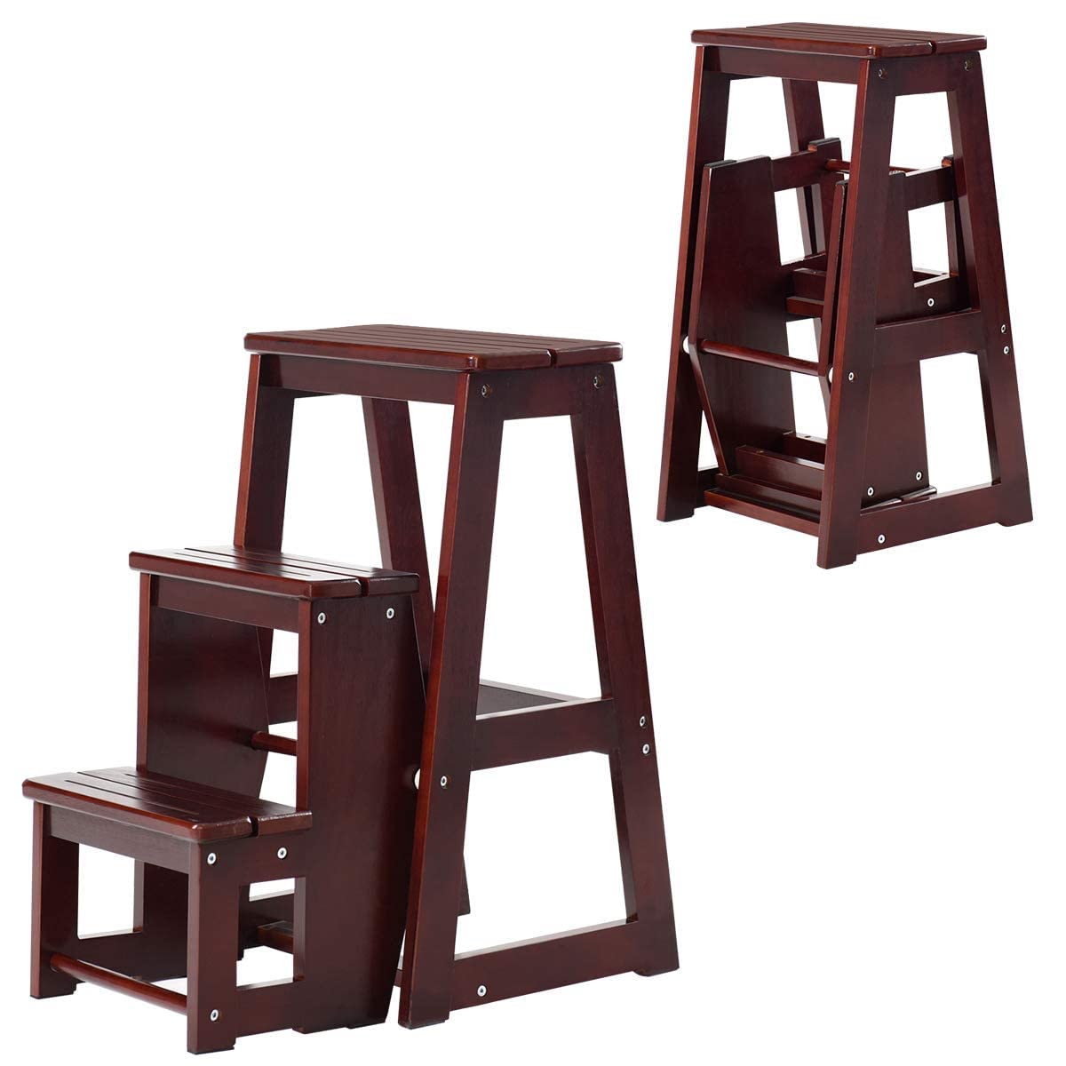 RELAX4LIFE 2 en 1 Taburete Plegable de 3 Peldaños de Madera de Pino, Taburete Escalera Multifuncional con 6 Almohadillas Antideslizantes para Cocina, Dormitorio y Tienda, 38,5x57x66cm (Marrón)