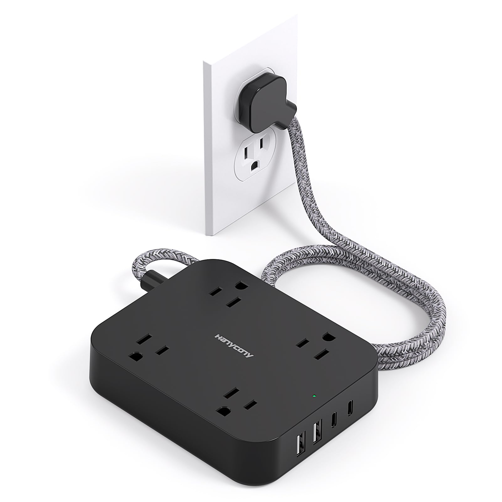 Black Flat Plug Extension Cord, HANYCONY 5ft Power Strip with 4 USB Ports(2 USB C), 4 Widely Outlets Extender, Wall Mount, Desk Charging Station for Office, School, Travel and Dorm Room Essentials