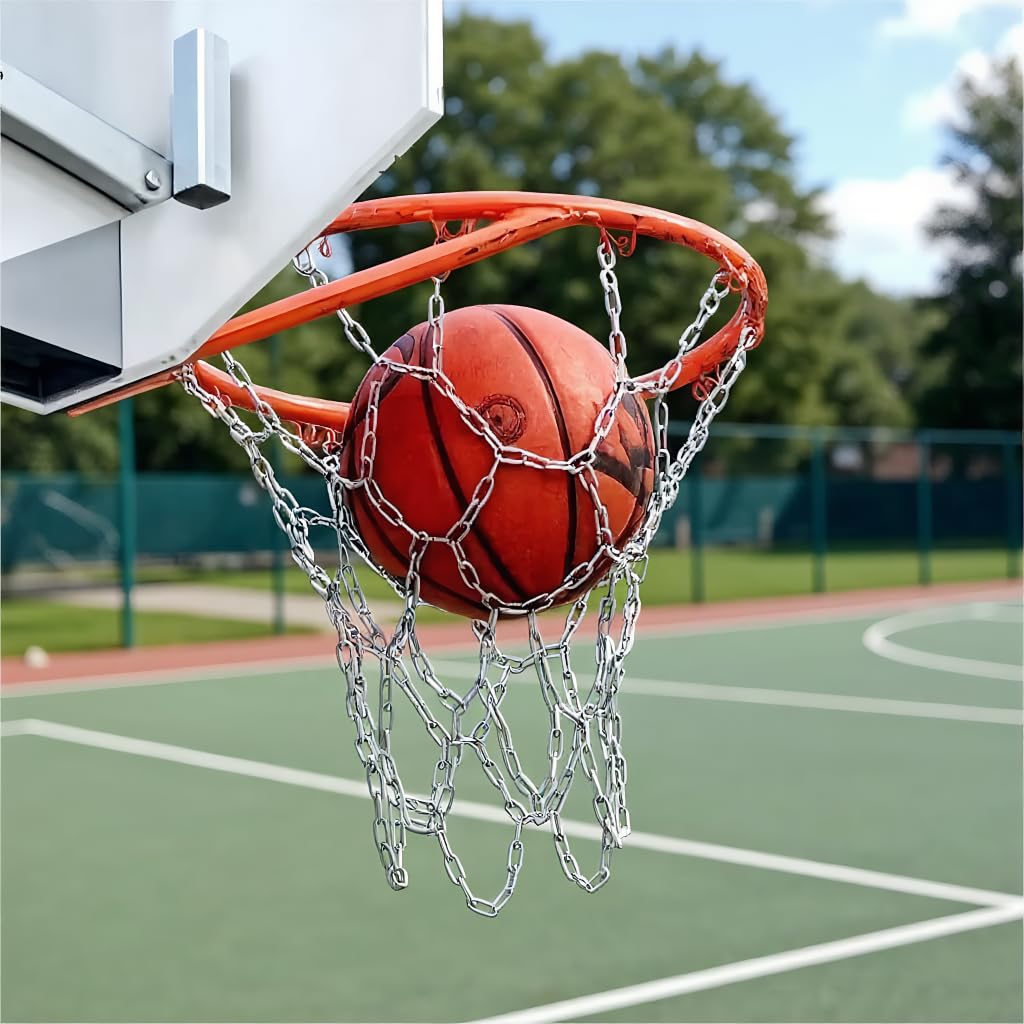 Porta da basket in acciaio inox, dimensioni standard, 48 cm, con 12 passanti, rete da basket in metallo, per interni ed esterni (solo catena)