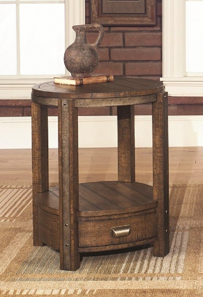 Rustic Round End Table with Drawer Distressed Umber Finish