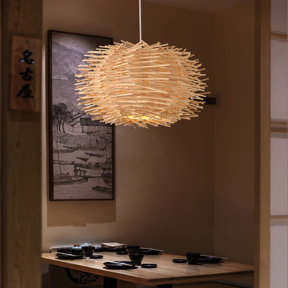 Lampada a Sospensione in Stile Cinese con Paralume Intrecciato a Nido d'uccello, Lanterna in Vimini Naturale, Finiture in Metallo Beige, Lampada a Sospensione Intrecciata a Mano per Isola Cucina