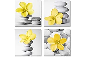 Genius Decor Wall Art Picture Set of 4-Yellow Gray Bathroom Pebble and Flowers Print