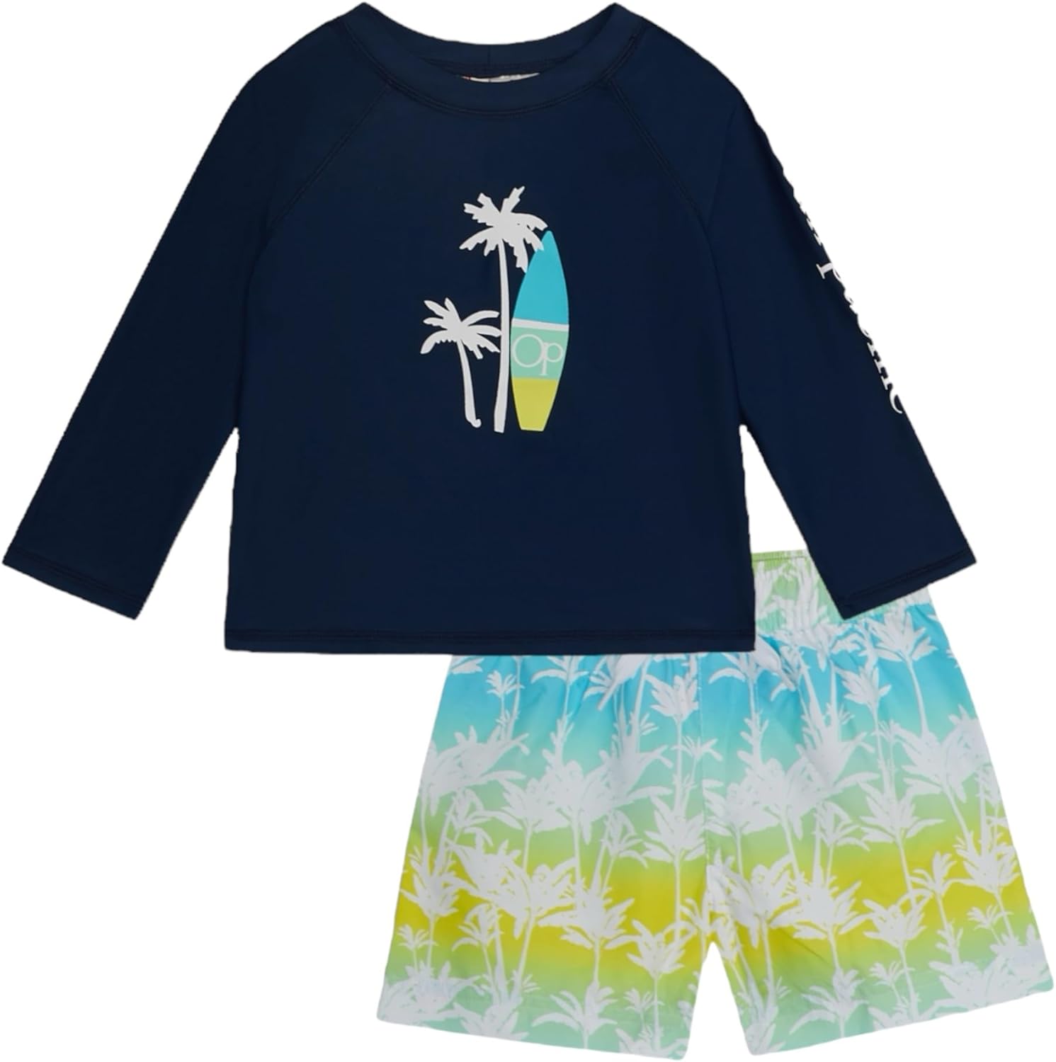 Ocean Pacific Boys' Rashguard and Trunks Swimsuit Set, LS Navy, 14-16