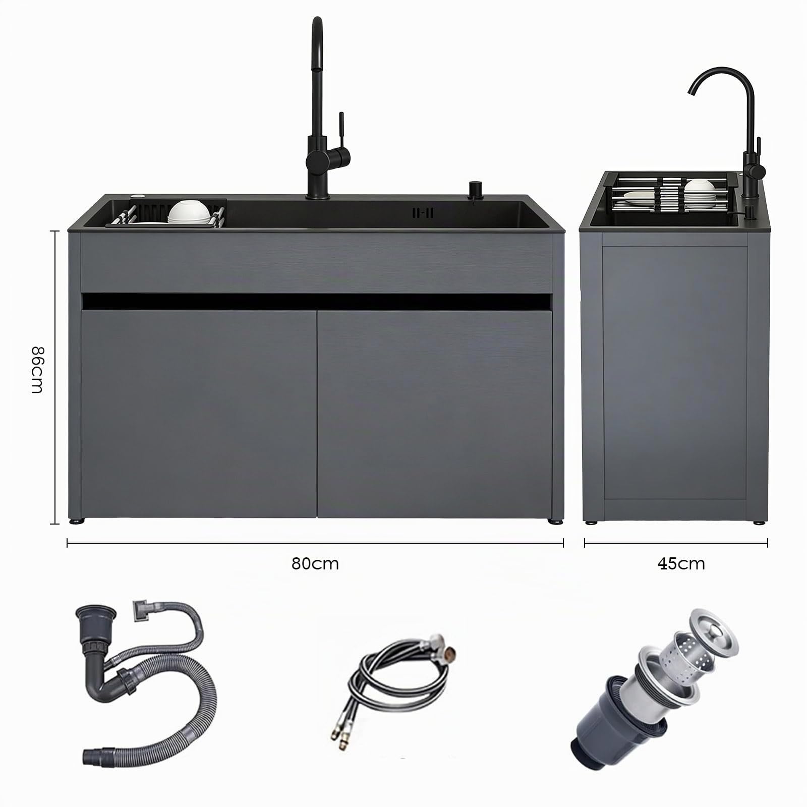 Freistehende Edelstahl Spültisch mit Warm und Kaltwasserhahn, Kitchen Sink Waschbecken mit Aufbewahrungsschrank, Abtropfkorb für Außen, Innen, L:68/80 CM