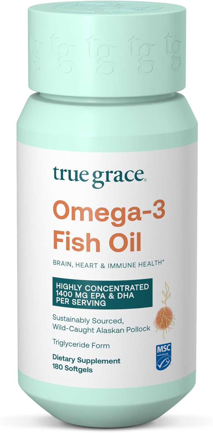 True Grace Omega-3 Fish Oil - 180 Softgels - 1400 mg EPA + DHA - Brain, Heart, Joint & Immune Health - Organic, Gluten Free, Soy Free